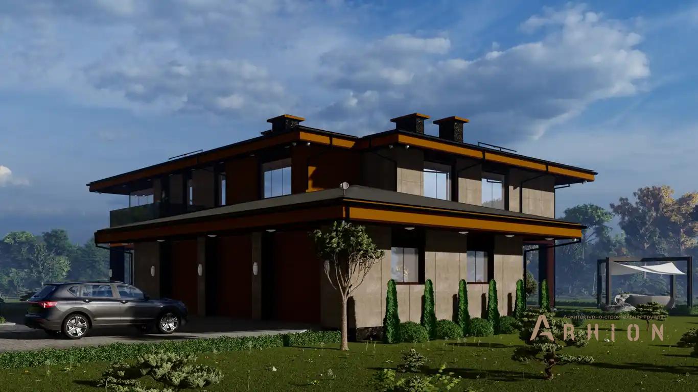 2. Проект двухэтажного дома в современном стиле с четырехскатной, h-1615, площадью - 726 кв c терассой, балконом, гаражом, вторым светом